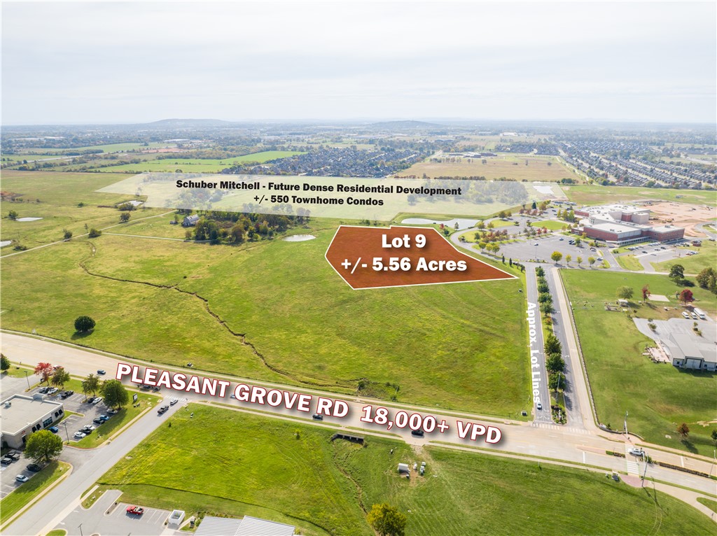 Exceptional Site Development Opportunity! +/- 5.56 acres of prime commercial land off I-49 in Rogers,
AR. This flexible parcel supports commercial, multifamily, or mixed-use development. A rare chance to
join one of the last remaining master-planned communities in the heart of Northwest Arkansas. Full
utilities: gas at the street, 10" sewer lines, 24" water line, and electric on site. The site plan is
preliminary; shape, size, and access may change to suit the end user. Surrounded by top retailers—Walmart, Starbucks, Chick-fil-A, Casey’s and a future Dick’s Sporting Goods—this location is ideal for high-traffic commercial use. Traffic counts reach +/- 110K VPD on I-49 and 18K on W Pleasant Grove Rd. Just 2.5 miles from Top Golf and Walmart AMP, 10 min from Walmart’s new HQ, and under 20 min to XNA. UAMS is building nearby, and Schuber Mitchell Homes plans +/- 520 housing units. Avg. household income within 1 mile is +/- $170K—fueling growth at this dynamic site.