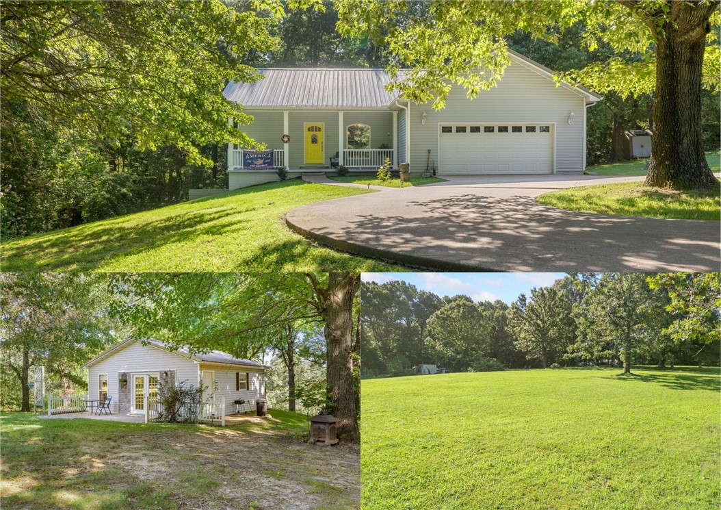 Tucked away in a peaceful, park-like setting on 3.85 acres, this property has 2,328 sq ft of living space (1,752 main home & 576 guest house). The main home features the primary suite upstairs, along with the kitchen, living room, and an attached 2-car garage, while the walk-out basement offers two nonconforming bedrooms, a full bath, and laundry room. The detached shop has been beautifully remodeled into a furnished 1-bedroom cabin that has generated $1,000 per month in rental income. It would work grat as a home office, hair salon, accounting office, etc. Enjoy mornings on the composite back deck surrounded by mature trees, fruit trees, and a garden area. The additional lot enhances the feeling of seclusion while remaining less than 10 minutes from shopping, restaurants, and schools. This one-of-a-kind property offers the privacy of country living just minutes from town. For added peace of mind, the seller is including a one-year American Home Shield - Shield Plus warranty.