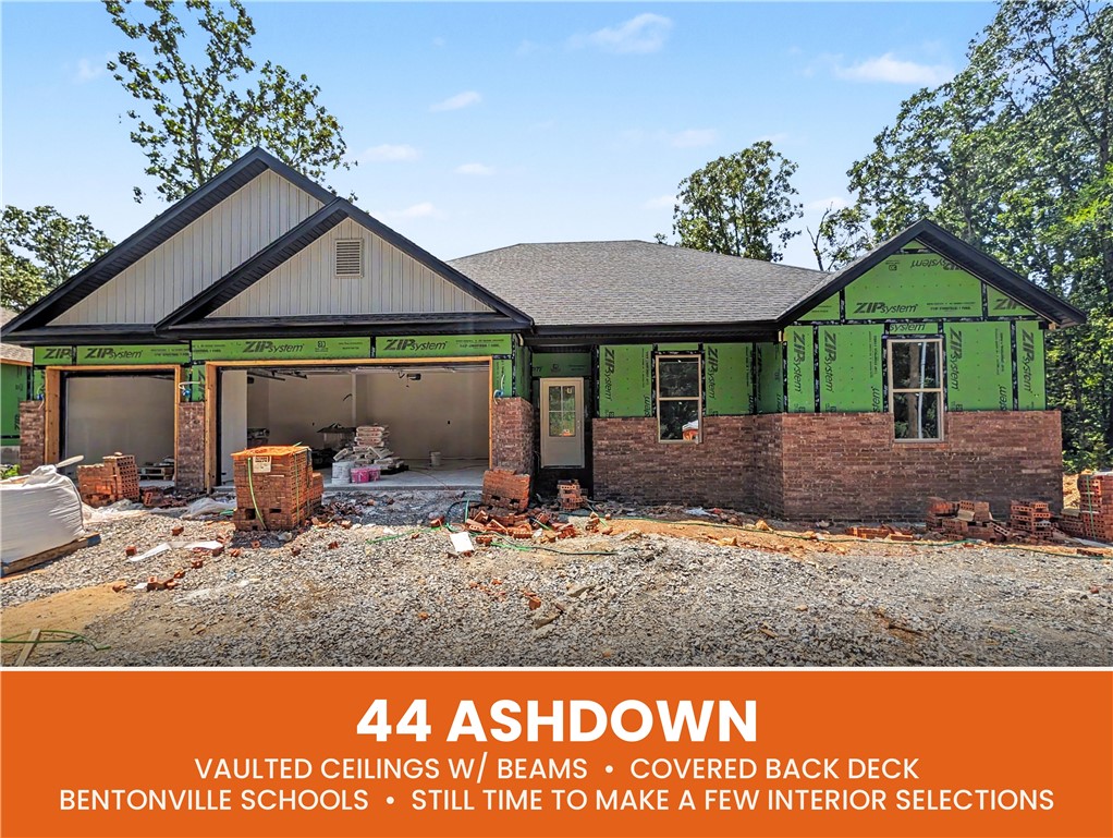 Welcome To Your Next Home At 44 Ashdown Drive! Brand New Floorplan!! A 3-Car Garage New Build In Bella Vista's New Construction Market At This Price Point...Nothing Else Even Comes Close. Literally. But We Have It! And Its Going To Be Fabulous. Step Inside To A Vaulted Living Space With Beam Treatment And A Fireplace That Makes A Statement. Custom Cabinets And Quartz Or Granite Counters That Run Throughout The Kitchen And Baths, No Shortcuts, No Exceptions. The Kitchen Features A Pantry, Tile Backsplash, Under Cab Lighting, Bar Seating, And Flows Seamlessly Into Dining And Living. Smart Split Floorplan Keeps The Primary Suite On Its Own Side With A Full Custom Tile Shower And Walk-In Closet. Covered Deck Out Back, Bentonville Schools, And Mountain Bike Trails Practically At Your Door. This Is The House! This Is The Location! Get In Now And Spec Out Your Interior Finishes To Make It Truly Yours. Est. Comp Sep 2026. **Exterior pic is a rendering and actual exterior finishes will vary.