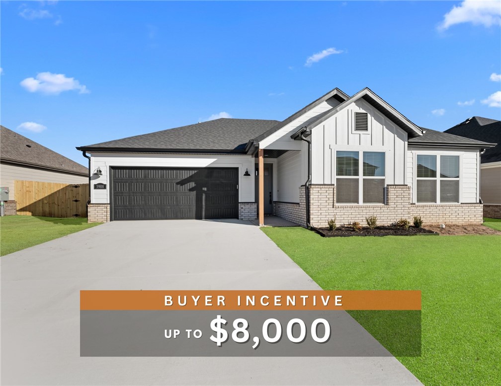 Discover your dream home in the sought-after Osage Hills neighborhood. Benton plan with garage on the left and South facing! 10 ft ceilings in the living/kitchen area, linear electric fireplace in the living, 1 level, LVP flooring throughout the main living areas and primary bedroom, quartz countertops and more. Chef's kitchen boasting frigidaire stainless steel appliances, gas range, pantry, quartz countertops, bar pull handles, large island and gorgeous backsplash. Luxurious primary bedroom features abundant natural light, while the spa-like primary bathroom offers a walk-in shower, double sinks, and spacious walk-in closets. Additional features include three large secondary bedrooms and a separate laundry room. Nestled on a generous lot with covered patio that overlooks the serene sodded, fully fenced backyard. Model home located at 6008 SW Coywolf St- Lot 122.