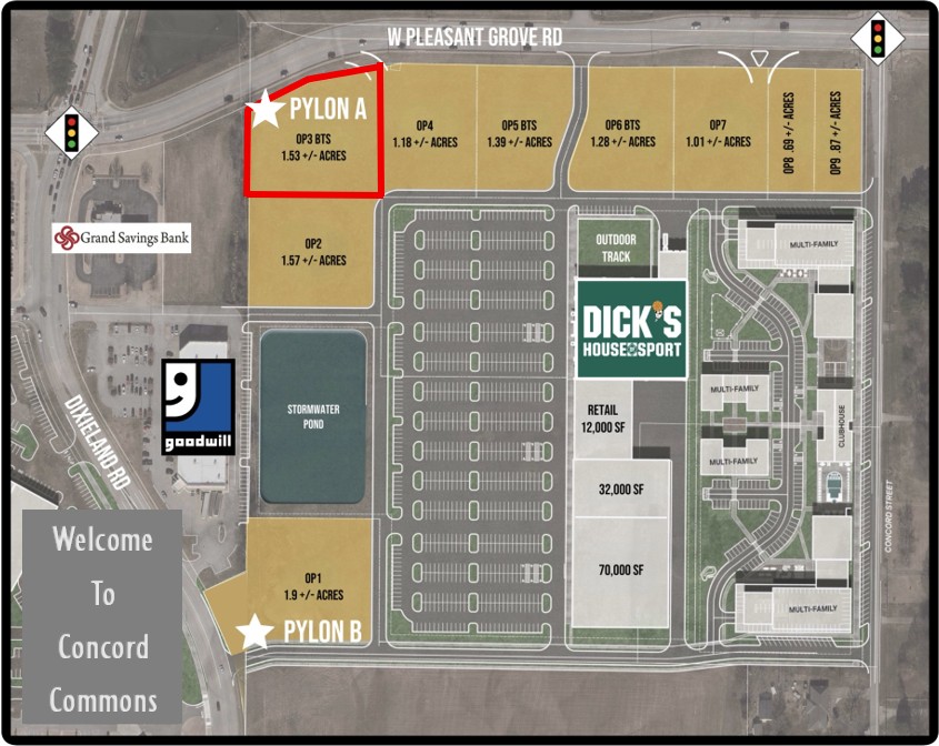 Concord Commons Development Out Parcel Tracts to be delivered at grade compacted and tested with utility infrastructure (water, sewer, gas, electric, regional stormwater) available for benefit of the tract. Civil Large Scale Plans available upon request. Tracts can be subdivided.