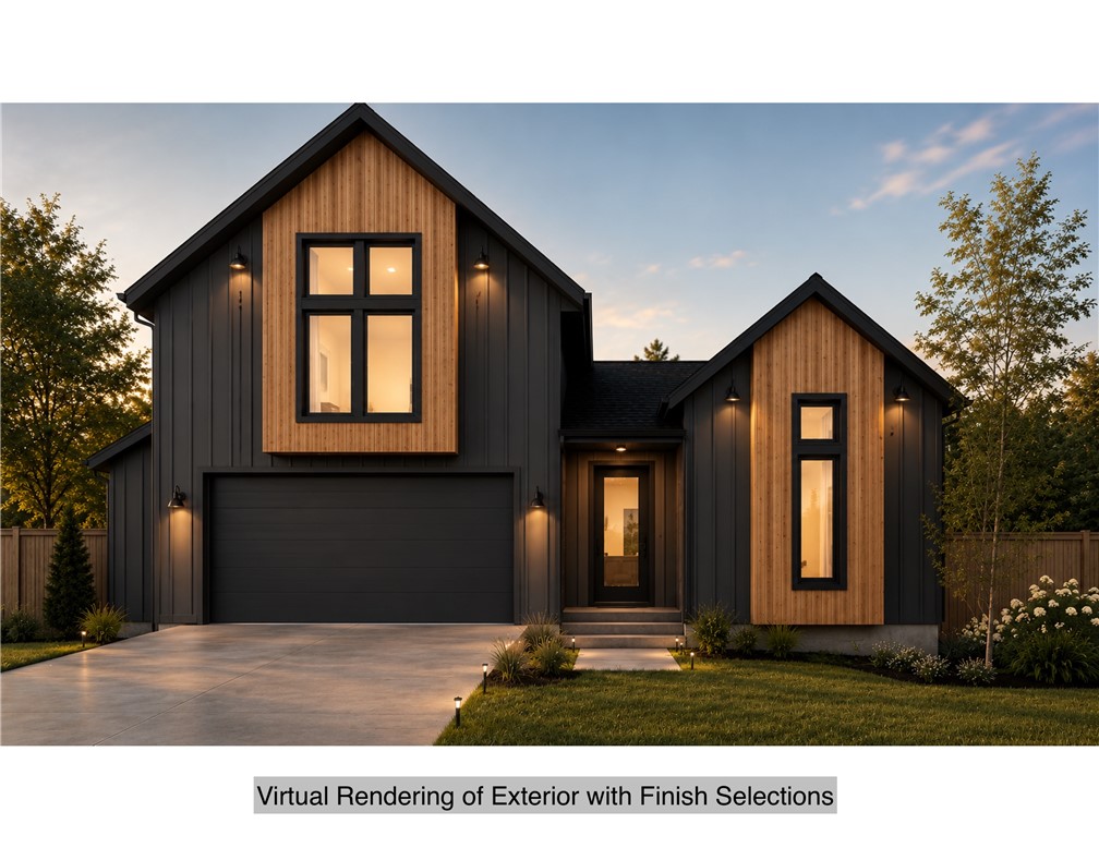 Talk about upgrades! This gorgeous contemporary new construction home on a huge 0.66 acre lot has a perfect layout both for entertaining and a seamless flow of everyday living. No corners cut in this custom styled home:  Hardie siding w/ cedar accents, black windows, custom quartz w/ waterfall island, upgraded lighting and plumbing fixtures, hardwoods throughout, custom metal handrails, 12' slider patio door, stunning tile work and more! You will appreciate the custom home finishes that set this spec home apart from others in the area. The kitchen features soft-close cabinets and drawers that complement the serenity of the space. Only a quick jump to Highlands golf course, easy access to I49, this is the home you have been looking for! This one is set to be completed late summer 2025 so act now and we can make some changes to really customize this home to you! A true 4 bed home plus loft and ready for its first owners! Make this one yours today and add your personal touch with our in house design team!