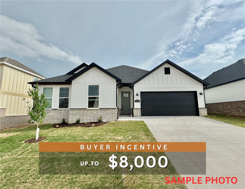 Fence, blinds and gutters included! Discover your dream home in the sought-after Osage Hills neighborhood. Arkansas plan with garage on the right and North facing! 10 ft ceilings in the living/kitchen area, linear electric fireplace, 1 level, LVP flooring throughout the main living areas and primary bedroom, quartz countertops and more. Chef's kitchen boasting frigidaire stainless steel appliances, gas range ,pantry, quartz countertops, bar pull handles, large island and gorgeous backsplash. Luxurious primary bedroom features abundant natural light, while the spa-like primary bathroom offers a walk-in shower, double sinks, and spacious walk-in closets. Additional features include two large secondary bedrooms and a separate laundry room. Nestled on a generous lot with covered patio that overlooks the serene sodded, fully fenced backyard. Sturdy concrete siding & brick! Model home located at 6008 SW Coywolf St- Lot 122.