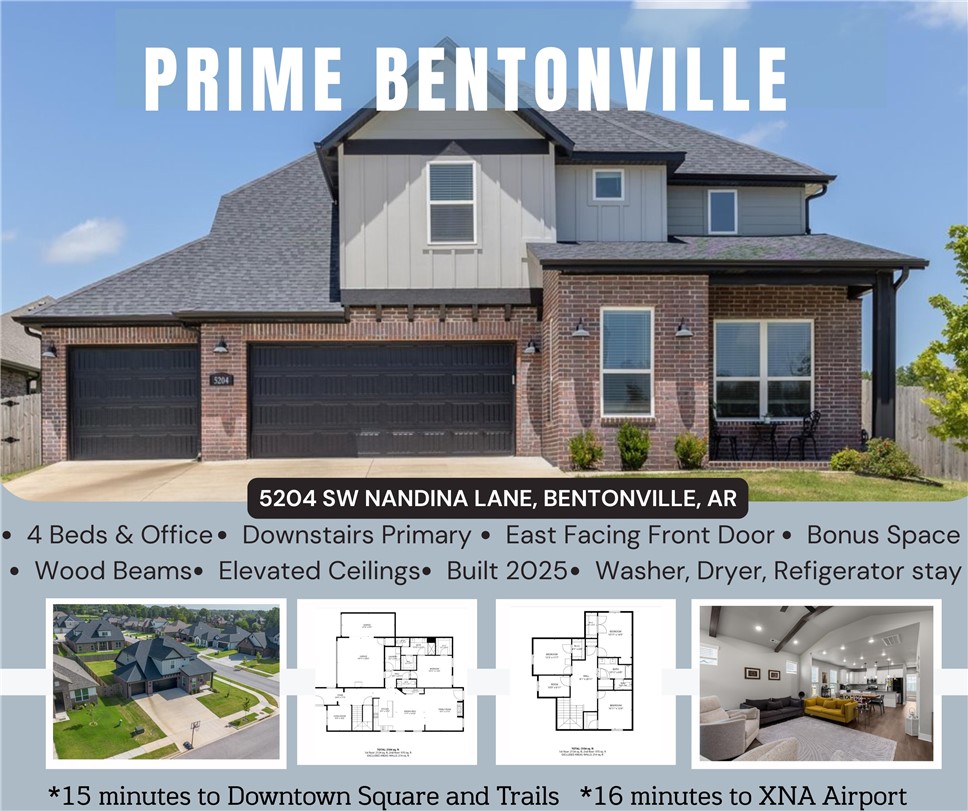 Like new & close to it all discover your modern dream home that is less than 7 miles to Downtown Bentonville & the extraordinary Walmart Home Office Campus. In the sought-after tranquil Snyder Meadows neighborhood, your luxurious home with high end finishes has 4-bedrooms, an office, a loft, unfinished bonus space, 2 1/2 baths, a foyer, laundry room, etc. As you enter through your East facing front door, you are greeted by natural light that floods your entire home. Your elevated ceilings add to feeling of space in this well thought out floor plan. Your primary suite and office are on the main floor, with all secondary bedrooms upstairs. The heart of your home boasts open-concept living with LVP flooring, & vaulted ceilings adorned with wood beams. Quality details, like the shiplap fireplace & stained beamed mantle are not to be missed. Your chef's kitchen boasts a water filtration system for your drinking water, Frigidaire appliances, & quartz counters. Spot your corner lot with all your extra's today.