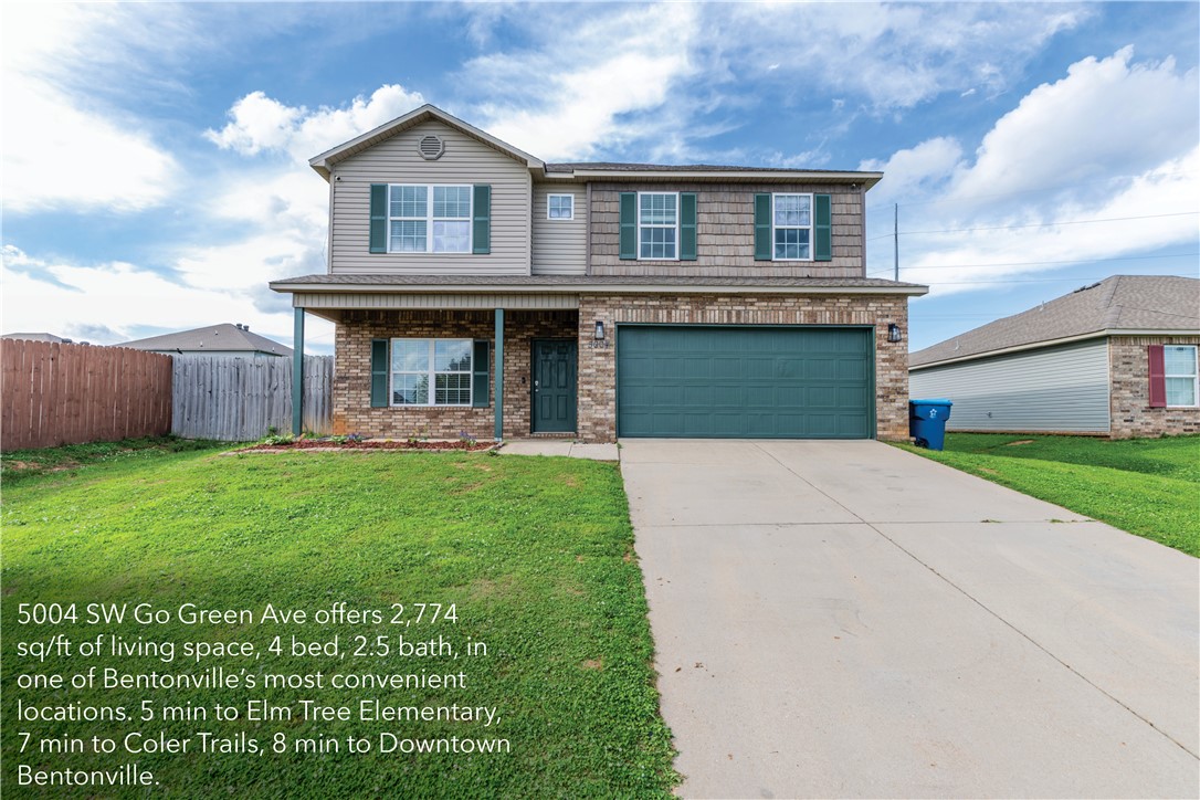 Welcome to 5004 Go Green Ave, a solid Bentonville two-story conveniently located  near Elm Tree/Ardis Ann Elementary. The granite counters, reverse osmosis water, a walk-in pantry, new vinyl flooring upstairs, and an oversized back porch made for NWA evenings, this home brings it. The upstairs bonus room floods with natural light. Two blocks from Allen Park, 5 minutes to the Bentonville square and Coler Mountain. All the appliances are included and this neighborhood has no HOA.