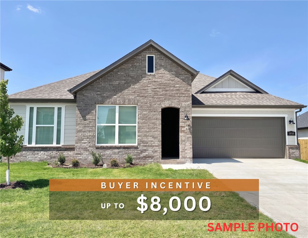Fence, blinds and gutters included! Discover your dream home in the sought-after Osage Hills neighborhood. Arkansas plan with garage on the left and South facing! 10 ft ceilings in the living/kitchen area, linear electric fireplace, 1 level, LVP flooring throughout the main living areas and primary bedroom, quartz countertops and more. Chef's kitchen boasting frigidaire stainless steel appliances, gas range ,pantry, quartz countertops, bar pull handles, large island and gorgeous backsplash. Upgraded island paint color will be Urbane Bronze!  Luxurious primary bedroom features abundant natural light, while the spa-like primary bathroom offers a walk-in shower, double sinks, and spacious walk-in closets. Additional features include two large secondary bedrooms and a separate laundry room. Nestled on a generous lot with covered patio that overlooks the serene sodded, fully fenced backyard. Sturdy concrete siding & brick! Model home located at 6008 SW Coywolf St- Lot 122.