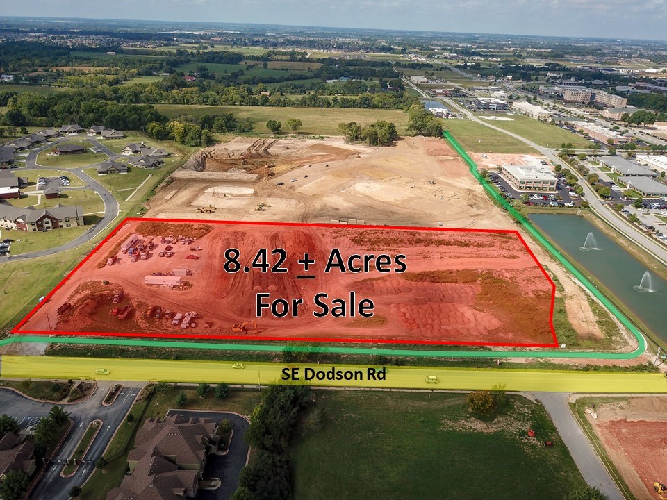 List price is negotiable.  8.42 +/- acres of development property surrounded by  Fountain Plaza office park, the Parc Apartments, retail and Walmart Pickup Grocery.  Access from S Dodson with plans to widen and improve the streetscape of Dodson.  Featured trail for biking and running that connects to the City of Bentonville Community Center and Razorback Greenway Trail to the east.
