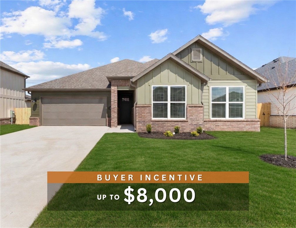 Discover your dream home in the sought-after Osage Hills neighborhood. Benton plan with garage on the left and South facing! 10 ft ceilings in the living/kitchen area, linear electric fireplace in the living, 1 level, LVP flooring throughout the main living areas and primary bedroom, quartz countertops and more. Chef's kitchen boasting frigidaire stainless steel appliances, gas range, pantry, quartz countertops, bar pull handles, large island and gorgeous backsplash. Luxurious primary bedroom features abundant natural light, while the spa-like primary bathroom offers a walk-in shower, double sinks, and spacious walk-in closets. Additional features include three large secondary bedrooms and a separate laundry room. Nestled on a generous lot with covered patio that overlooks the serene sodded, fully fenced backyard. Model home located at 6008 SW Coywolf St- Lot 122.