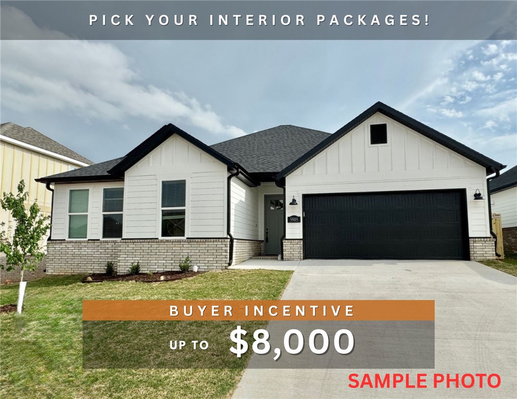 Fence, blinds and gutters included! Discover your dream home in the new neighborhood Jacob's Crossing. Arkansas plan with garage on the right and West facing! Pick your interior packages! 10 ft ceilings in the living/kitchen area, linear electric fireplace, 1 level, LVP flooring throughout the main living areas and primary bedroom, quartz countertops and more. Chef's kitchen boasting frigidaire stainless steel appliances, gas range, pantry, quartz countertops, bar pull handles, large island and gorgeous backsplash. Luxurious primary bedroom features abundant natural light, while the spa-like primary bathroom offers a walk-in shower, double sinks, and spacious walk-in closets. Additional features include two large secondary bedrooms and a separate laundry room. Nestled on a generous lot with covered patio that overlooks the serene fully fenced backyard. Sturdy concrete siding & brick! Model home located at 3631 Tranquility St- Lot 1.