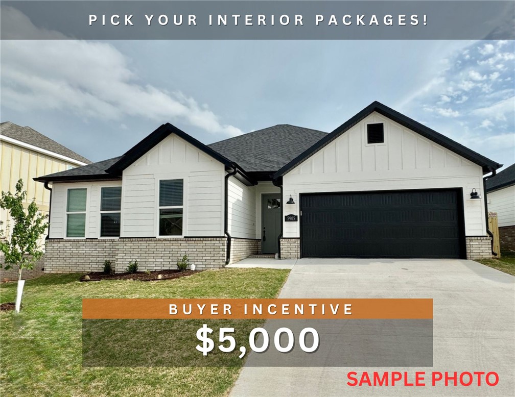 $5,000 BUYER INCENTIVE. Fence, blinds and gutters included! Discover your dream home in the new neighborhood Jacob's Crossing. Arkansas plan with garage on the right and West facing! Pick your interior packages! 10 ft ceilings in the living/kitchen area, linear electric fireplace, 1 level, LVP flooring throughout the main living areas and primary bedroom, quartz countertops and more. Chef's kitchen boasting frigidaire stainless steel appliances, gas range, pantry, quartz countertops, bar pull handles, large island and gorgeous backsplash. Luxurious primary bedroom features abundant natural light, while the spa-like primary bathroom offers a walk-in shower, double sinks, and spacious walk-in closets. Additional features include two large secondary bedrooms and a separate laundry room. Nestled on a generous lot with covered patio that overlooks the serene fully fenced backyard. Sturdy concrete siding & brick! Model home located at 3631 Tranquility St- Lot 1.