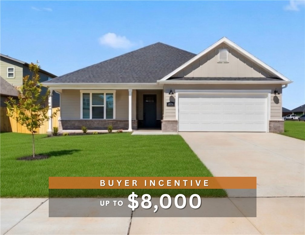 Fence, blinds and gutters included! Discover your dream home in the new neighborhood- Jacob's Crossing. Fredrick plan with 1 level, garage on the right & East facing! 10 ft ceilings in the living room, linear electric fireplace, LVP flooring throughout the main living areas & primary bedroom, quartz countertops & more. Chef's kitchen boasting frigidaire stainless steel appliances, gas range, pantry, quartz countertops, bar pull handles, large island & gorgeous backsplash. Luxurious primary bedroom features abundant natural light, while the spa-like primary bathroom offers a walk-in shower, double sinks, tub & spacious walk-in closets. Additional features include three large secondary bedrooms and a separate laundry room. Nestled on a generous lot with covered patio that overlooks the serene sodded, fully fenced backyard, creating an exceptional living experience. Sturdy concrete siding & brick! Model home located at 3631 Tranquility St-Lot 1.
