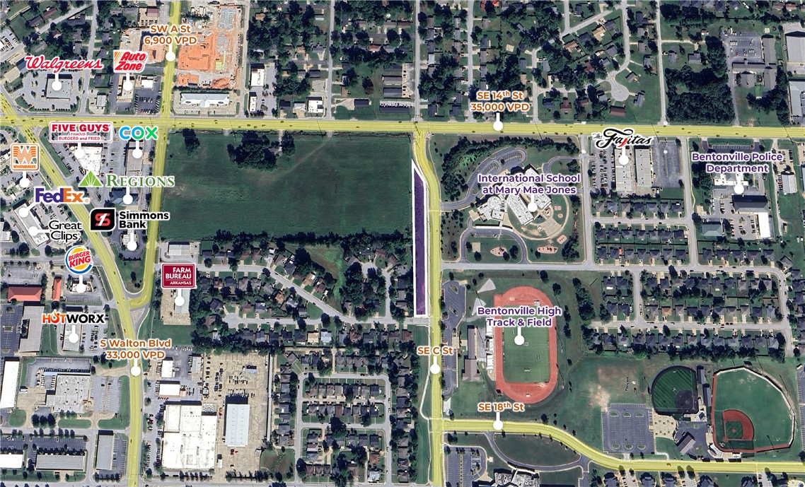 Adjacent to the Mary Mae Jones campus and the Bentonville High Field & Tract facility.  All utilities available to site.  Flat, level topography with no grading challenges.
