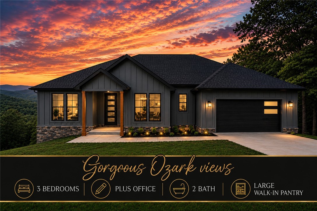Stunning Modern Luxury Home with Phenomenal Ozark Views! Exceptional single-story home nestled on a lg. private lot w/serene panoramic views & space for a terraced garden oasis. Designed w/elegance & functionality in mind, this home features soaring cathedral ceilings, premium finishes, & Luxury Vinyl Plank flooring throughout the spacious open-concept layout. The great room is filled w/natural light from oversized windows framing the tree-lined scenery. The chef’s kitchen is an entertainer’s dream featuring a massive 8-ft. island, quartz countertops, ceiling-height custom cabinetry, & oversized walk-in pantry. 3 bdrms, 2 bthrms, Plus Office blends luxury w/everyday comfort. The private primary suite features a spa-inspired bath w/soaking tub, oversized custom shower w/full tile accent wall, & designer finishes. Enjoy the large covered deck with peaceful views. Expansive yard offers endless potential. Oversized 2-car garage. A one-of-a-kind retreat! Near Lake Windsor, Pontoon park picnic area & Tunnel Vision Trail.