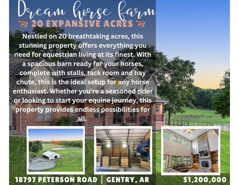 Experience the ultimate combination of comfort & equestrian life with this spacious home on +/- 20 acres. Inside you’ll find a hidden safe room, whole-house auto generator, wiring for timed Christmas lights, designated office, formal dining, bonus room and 2 story stone fireplace wall. 

Spoil your horses with 7 separate pastures including cross-fencing on approx 15 acres— mostly top-rail pipe & cable. Remaining fence is all horse safe. 2 pastures have a run-in shelter, 2 front pastures have access to barn overhang for shelter. 30 x 50 barn w/ electric throughout and own well for water source. (3) 10’x20’ stalls with European stall fronts, (2 stalls have nice large runs), fans, hay loft (with hay slide), tack/feed room, and concrete throughout for easier cleaning.  Also enjoy a 60’ round pen and the ground work is already started on a 125’ x 250’ arena.”

Spoil yourself with a huge 40 x 90‘ heated and cooled shop with concrete floors and 1/4 bath.