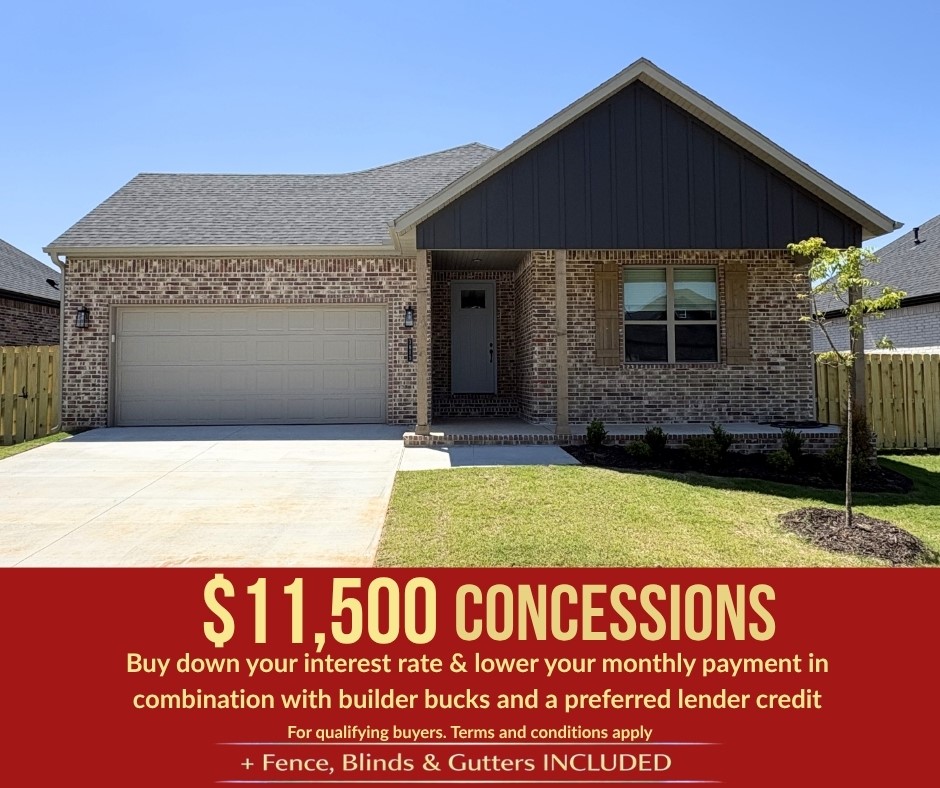 Don’t miss this beautiful Cardinal floor plan in the highly desirable Yorktown Subdivision in Pea Ridge! Blending timeless architecture with modern features, this 1,671 sq ft home offers 3 bedrooms, 2 bathrooms, a 2-car garage, and convenient one-level living.Designed with both style and function in mind, this home includes elegant framed mirrors in the bathrooms and added storage with cabinets above the toilets. Stay ahead with Cat 6 wiring for fast, reliable internet—perfect for remote work or streaming. An attic ladder pulldown provides easy access to additional storage space, maximizing every inch of the home.For a limited time, lower your interest rate with up to $11,500 in builder bucks and preferred lender incentives! Plus, fence, blinds, and gutters are all included.