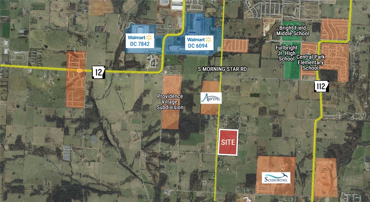 50.04 acres located between S Morning Star Rd and Gaston Rd.  Two ponds are located on the property.  1,651 ft of frontage on S Morning Star and 1,653 ft frontage on Gaston Rd.  Land near new Aurora & Scissortail Subdivisions.  Development would require public road improvements on S Morning Star.  Currently in Benton County.  Access to Bentonville utilities require voluntary annexation.