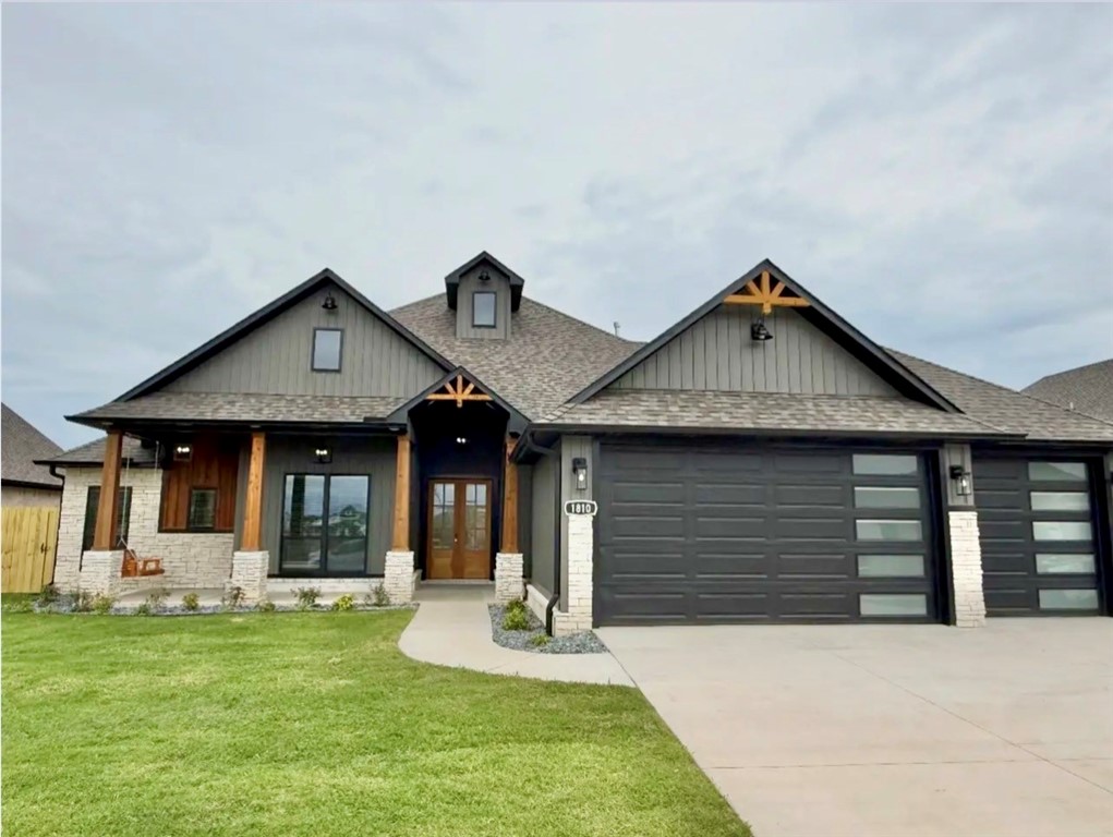 4 bdrm, 3 bath, three car garage, den/office, twin front doors, all hard surface floor, pot filler, 3 cm quartz, custom cabinets, farm sink, rock fireplace, fireplace cabinets, large cathedral back covered patio porch with swing, cedar accents.