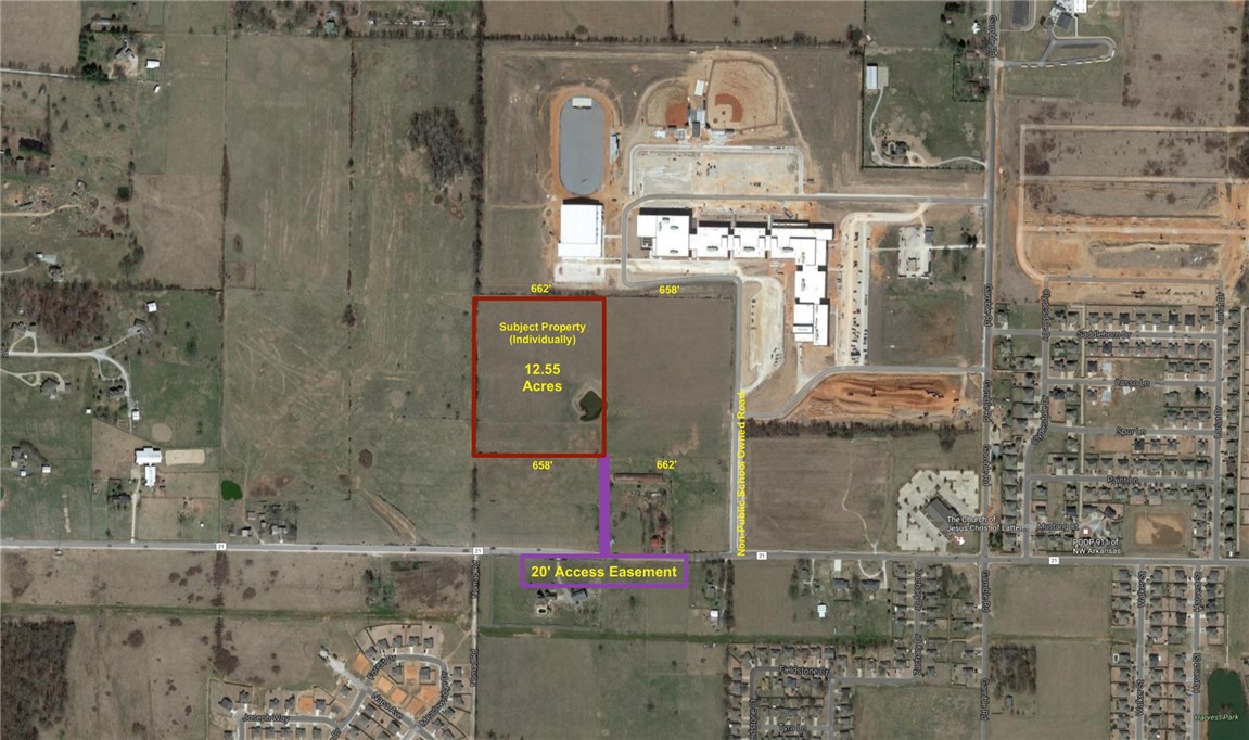 12.55 Acres of development property located adjacent to the brand new Bentonville West High School. Property is accessed off of a 20 ft easement on Seba road to property. Neighboring parcel to the east also for sale (12.55) acres for a total of 25.10 acres.