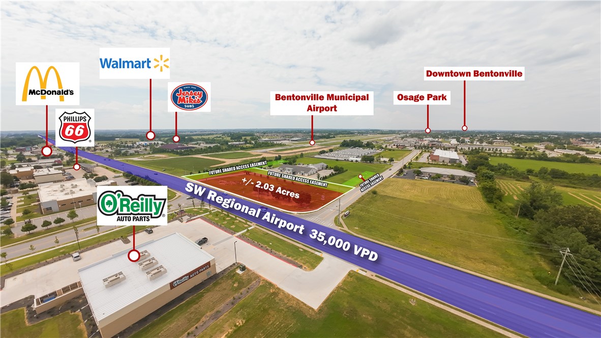 This prime +/- 2.03 acre commercial lot offers an unbeatable location with SW Regional Airport Blvd frontage, which approx. 35,000 VPD. Zoned C-2 General Commercial, it's ideal for retail space, restaurants, medical offices, professional offices, auto repair shops, car washes, and more. The site is open, level, and development ready with electric and water available on site and sewer access at the street. Positioned next to the Bentonville Municipal Airport, the property is only 2 miles from I-49, 3 miles from Walmart's new World HQ, 3.1 miles from Downtown Bentonville, and 10 miles from Northwest Arkansas National Airport (XNA). With exceptional visibility, strong traffic counts, and utilities already in place, this lot is an outstanding opportunity for investors and business owners seeking high exposure commercial real estate in one of the fastest growing markets in NWA!  Parcel is subject to lot split approval from City of Bentonville. Future shared access agreement to be created and recorded at closing.