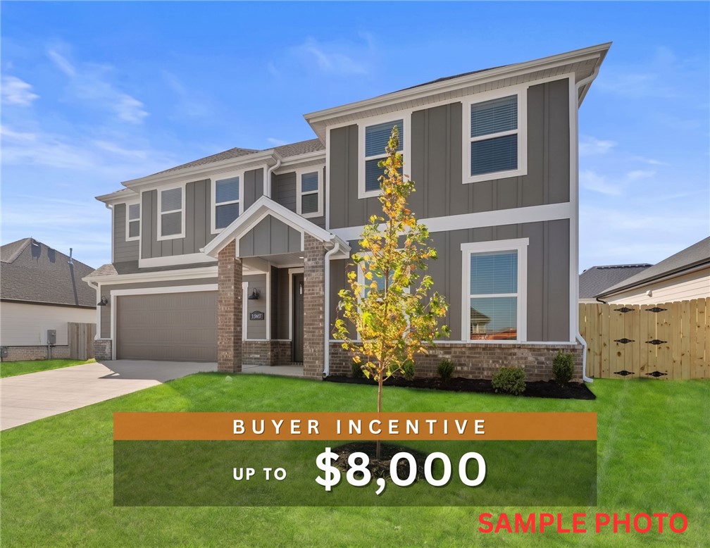 Fence, blinds and gutters included! Discover your dream home in the sought-after Osage Hills neighborhood. Delta plan with garage on the left and North facing! Upgraded kitchen island painted Urbane Bronze! 9 ft ceilings, linear electric fireplace in the living room, LVP flooring throughout the main living areas and primary bedroom, quartz countertops and more. Chef's kitchen boasting frigidaire stainless steel appliances, gas range, pantry, quartz countertops, bar pull handles, large island and gorgeous backsplash. Luxurious primary bedroom features abundant natural light, while the spa-like primary bathroom offers a walk-in shower, tub, double sinks, and spacious walk-in closets. Additional features include a study on the main level, two large secondary bedrooms upstairs and a separate laundry room. Nestled on a generous lot with covered patio that overlooks the serene sodded, fully fenced backyard. Sturdy concrete siding & brick! Model home located at 6008 SW Coywolf St- Lot 122.