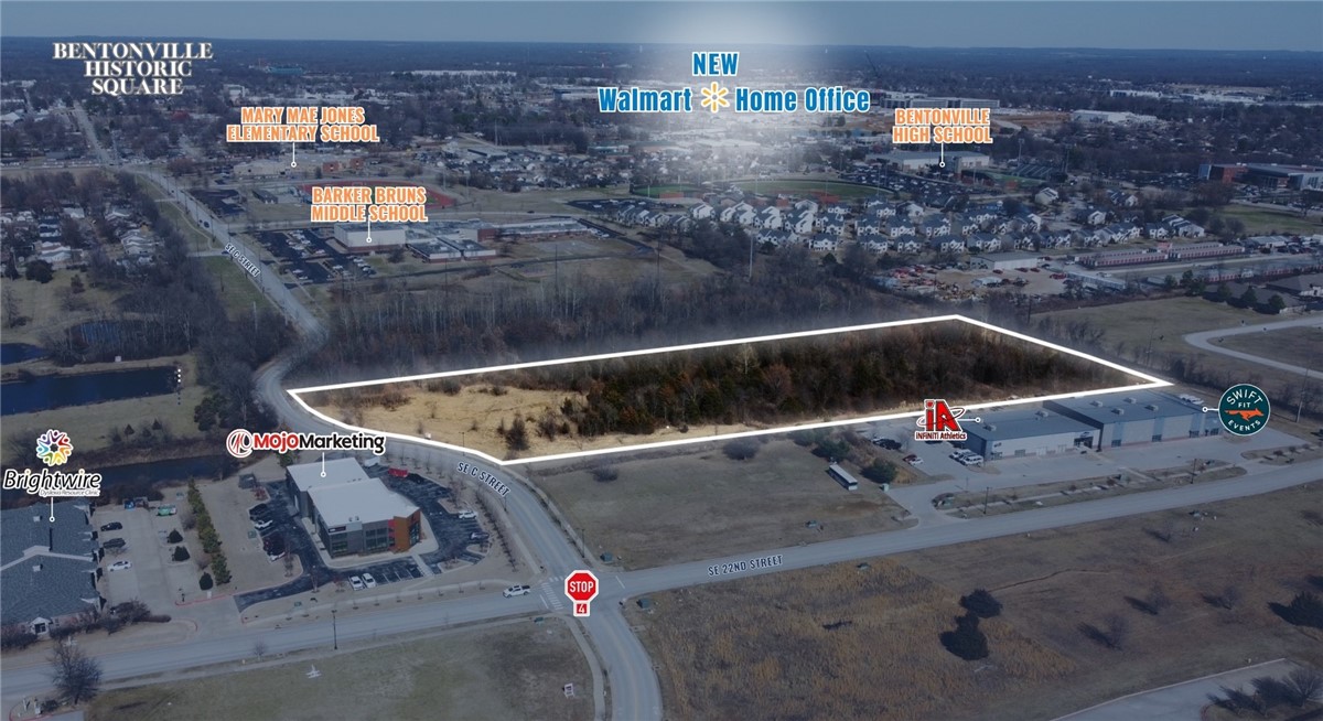 - Zoning allows for multifamily and/or commercial 
- 0.6 miles to the new Walmart campus 
- 1.8 miles to downtown Bentonville
- Utilities available
- Level lot ready for development
- Easy access to S. Walton Blvd & I-49
- C-2 Zoning
- Adjacent 5 acre parcel to the north is a protected nature preserve.