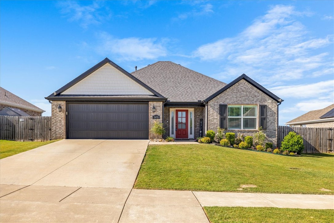 Built by Riggins Construction, this home pairs a true open layout with a long list of upgrades, starting with paid-off solar panels that keep the electric bills low. The kitchen features granite countertops, a gas range, tile backsplash, and a farmhouse sink. LVP flooring runs throughout, so no carpet anywhere. The primary bedroom adds character with wood beams, and the primary bath features a shower with a frameless glass door and a soaking tub. You'll also find crown molding in the main living area and louvered wood shutters carrying a finished look through the home, low flow toilets, smart thermostat, plus electrical outlets built into the soffits. The roof was replaced in December 2025, along with a new garage door motor. Out back features an extended concrete patio with a pergola & wood privacy fence. The backyard backs to a neighborhood retention pond, no neighbors directly behind giving you space and quiet. Located .6 miles to the "Charlie and Willie" George Park plus easy access to Don Tyson Pkwy.