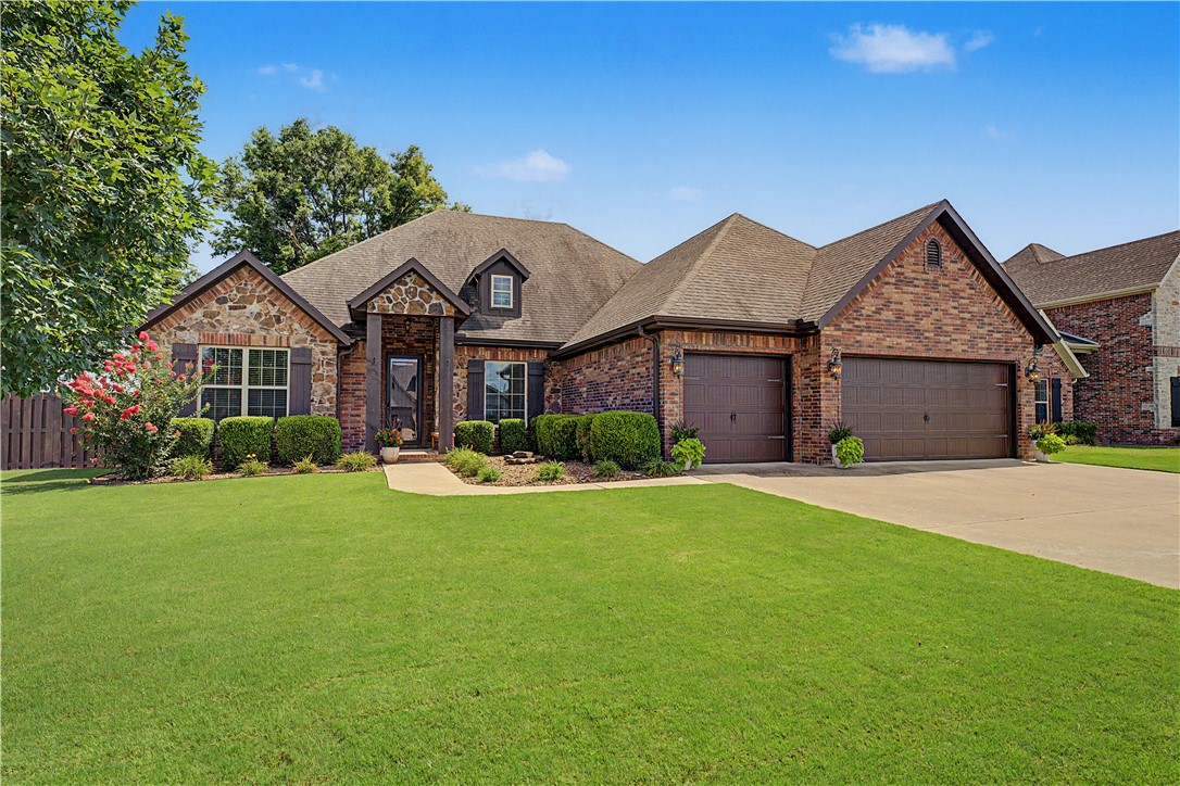 Beautiful custom home in the desirable West Landing subdivision! This well-maintained 4-bedroom, 2.5-bath home features a flexible floor plan, with the fourth bedroom currently set up as a home office with glass French doors. The open-concept living area offers vaulted ceilings, a spacious living room with a gas fireplace, and a kitchen featuring granite countertops, custom cabinetry, a large island, walk-in pantry, and breakfast nook. The private primary suite includes tray ceilings, dual vanities, a walk-in tile shower, jetted tub, and walk-in closet. Two additional bedrooms are connected by a dual-access bathroom. Step outside to your backyard retreat featuring an in-ground pool, built-in BBQ, and covered patio perfect for relaxing or entertaining. Additional updates include a new HVAC system installed in November of 2024 and a front lawn irrigation system. Complete with a 3-car garage, professionally landscaped yard, and convenient access to shopping, dining, parks, schools, and I-49!