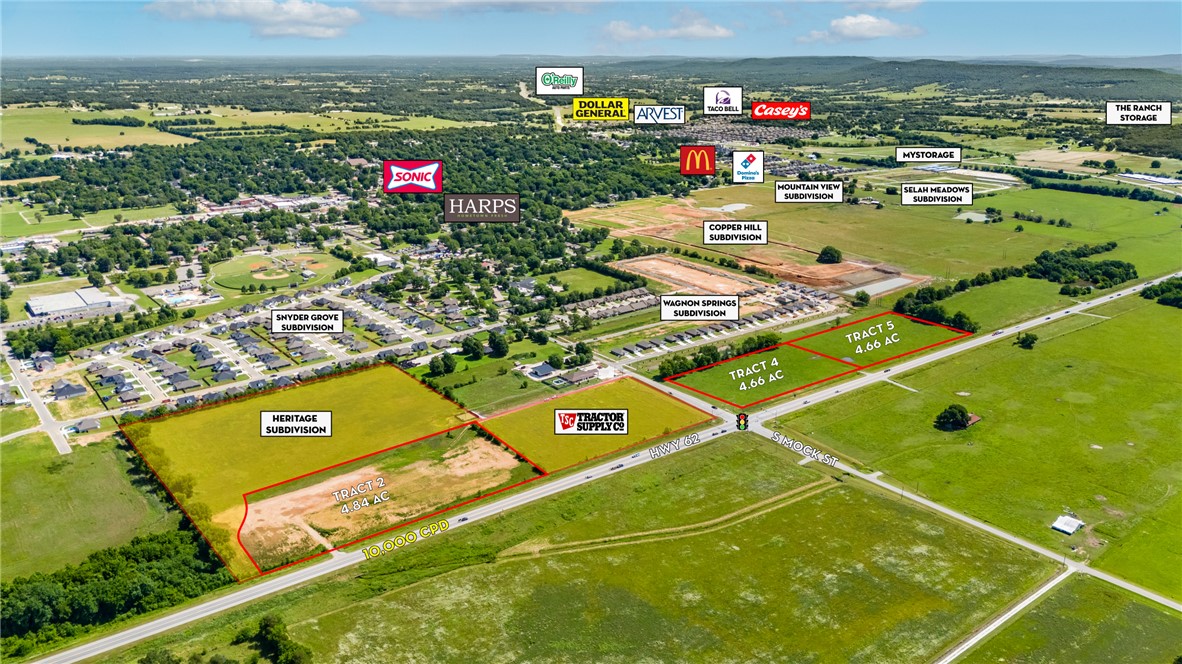 Commercial lots ready for development along Hwy 62 in Prairie Grove. Property suits many uses and can be subdivided as needed. This is an opportunity to be centrally located in a town experiencing immense commercial and residential growth.

Cleared & level lots with access to all utilities.
Can be subdivided as needed.
Lots anchored by future Tractor Supply Co. 
4-way lighted intersection with 10,000 CPD along Hwy 62.
Multiple access points along Hwy 62 & S Mock St.