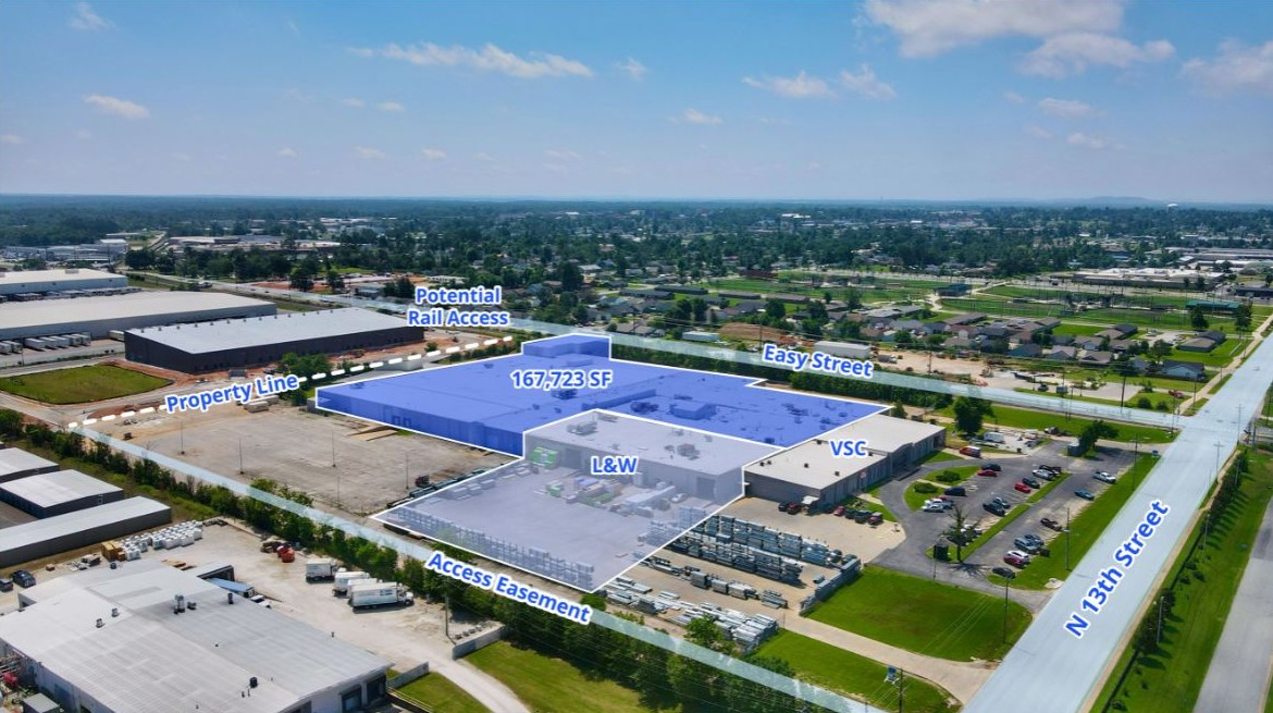 Industrial warehouse space for sale with quick access to Highway 62 near the N 13th Street and W Easy Street intersection in Rogers, Arkansas. Covered outdoor storage is included with potential rail access. Located on N 13th Street within 3.0 miles of I-49. Great end-user opportunity to own building with in-place income from current tenants. Potential rail access with bay and rail car dock and potential +/- 3.3-acre yard with +/- 10,000-SF covered storage area. Vacant space can be subdivided to 98,292 SF & 69,431 SF spaces.