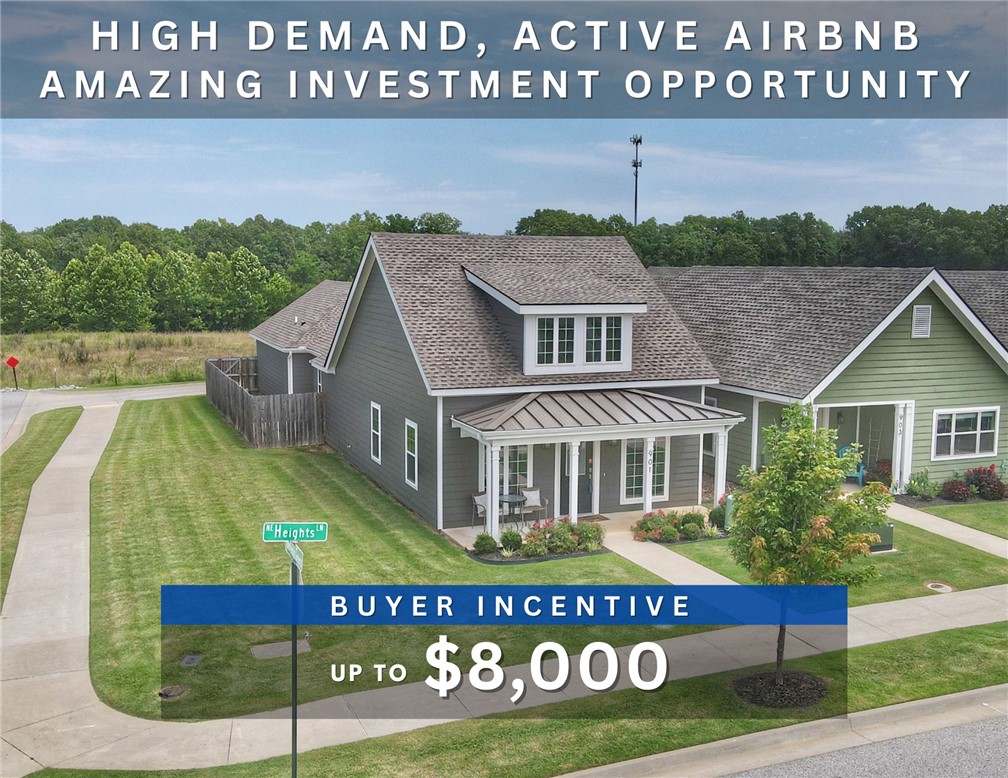 Up to $8,000 BUYER INCENTIVE. Unbeatable location near Crystal Bridges Museum, the Alice Walton School of Medicine, Downtown Bentonville & Walmart’s new campus. Enjoy a vibrant community with top-tier amenities, including a clubhouse, pool, pickleball court, dog park, yard maintenance & access to the countries top premier mountain biking trails. Faulkner floor plan boasts LVP flooring, crown molding, blinds, ample storage & quality throughout. The living room & dining area offer a seamless open floor plan, perfect for entertaining, with abundant natural light & smooth flow into the chef’s kitchen. Chef’s kitchen features 3cm granite countertops, Frigidaire stainless steel appliances, refrigerator, a pantry, tons of storage & abundant natural light. Spacious primary suite includes a perfect ensuite bathroom with walk-in tile shower, double sinks, & large walk-in closet. Patio perfect for entertaining! Oversized garage with ample storage. Staged home at 904 NE Heights Ln.
