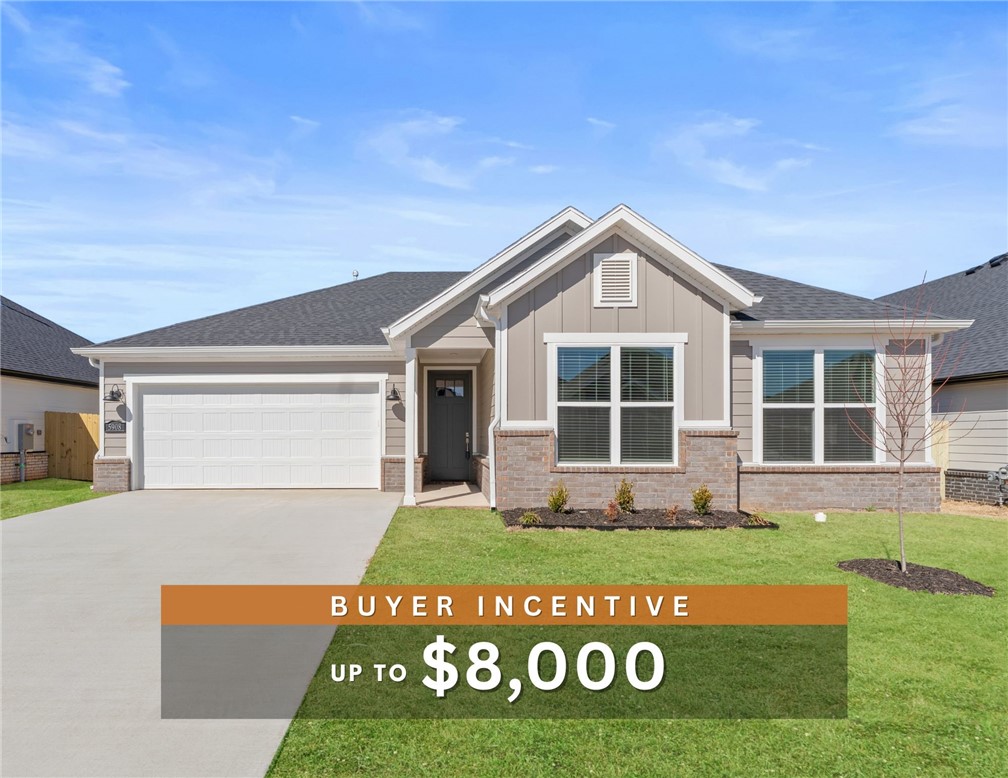 Discover your dream home in the sought-after Osage Hills neighborhood. Benton plan with garage on the left and South facing! 10 ft ceilings in the living/kitchen area, linear electric fireplace in the living, 1 level, LVP flooring throughout the main living areas and primary bedroom, quartz countertops and more. Chef's kitchen boasting frigidaire stainless steel appliances, gas range, pantry, quartz countertops, bar pull handles, large island and gorgeous backsplash. Luxurious primary bedroom features abundant natural light, while the spa-like primary bathroom offers a walk-in shower, double sinks, and spacious walk-in closets. Additional features include three large secondary bedrooms and a separate laundry room. Nestled on a generous lot with covered patio that overlooks the serene sodded, fully fenced backyard. Model home located at 6008 SW Coywolf St- Lot 122.