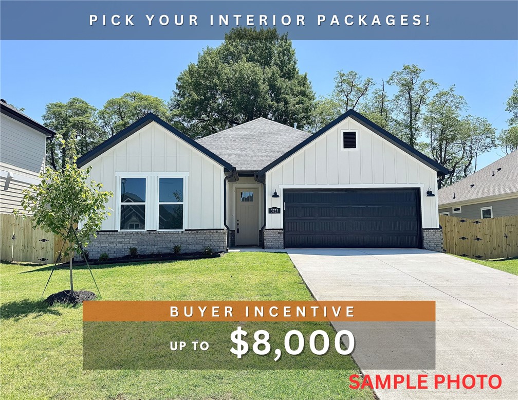 Fence, blinds and gutters included! Discover your dream home in the new neighborhood- Jacob's Crossing. Caden plan with 1 level, garage on the left and East facing! Pick your interior packages! 13 ft ceilings in the living and dining, linear electric fireplace, LVP flooring throughout the main living areas & primary bedroom, quartz countertops & more. Chef's kitchen boasting frigidaire stainless steel appliances, gas range, pantry, quartz countertops, bar pull handles, large island & gorgeous backsplash. Luxurious primary bedroom features abundant natural light, while the spa-like primary bathroom offers a walk-in shower, double sinks, tub & spacious walk-in closets. Additional features include two large secondary bedrooms & a functional laundry room. Nestled on a generous lot with covered patio that overlooks the serene sodded, fully fenced backyard, creating an exceptional living experience. Sturdy concrete siding! Model home located at 3631 Tranquility St- Lot 1.