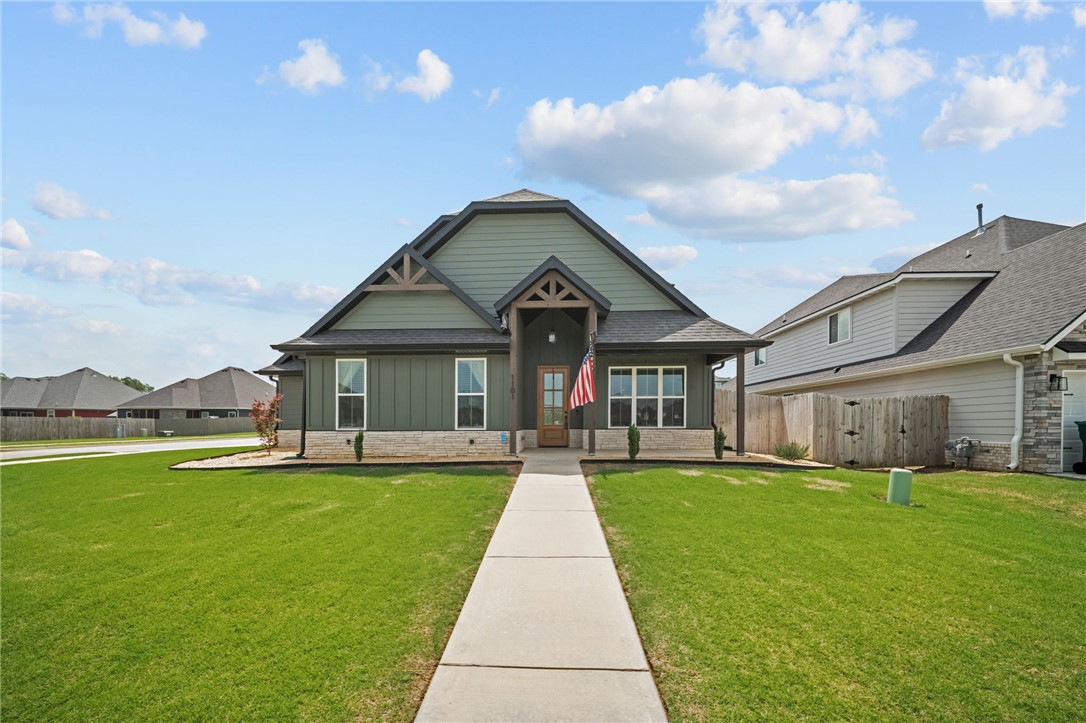 Welcome to Maple Estates! Ideally located just minutes from Bentonville West High School & Gamble Elementary, this home offers both convenience & community. Residents enjoy access to neighborhood amenities including a clubhouse & swimming pool. Situated on a desirable corner lot, this thoughtfully designed home features a side-entry three-car garage & a spacious front yard that enhances curb appeal. Inside, you’ll find a well-appointed layout with an inviting entry complete with a built-in bench, a dedicated dining room, & a vaulted living area accented by beautiful beams. The open-concept design is perfect for entertaining, complemented by a large pantry & seamless flow between living spaces. Generous back patio features a cozy fireplace, ideal for relaxing or hosting guests year-round.  GE Profile fridge with built in Keurig can convey!