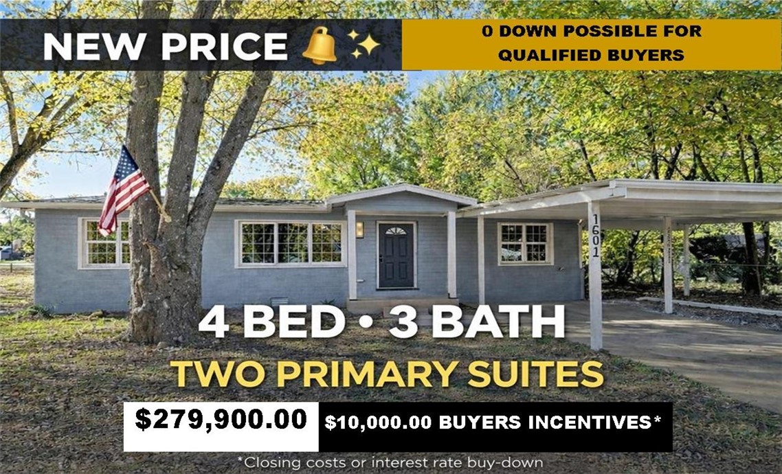 Low priced 4BR/3BA home in Northwest Arkansas!
Beautifully remodeled with a versatile split floor plan, perfect for multi-generational living. Features two spacious primary suites with private baths, located at opposite ends of the home for added privacy, plus two additional bedrooms. Completely renovated from the ground up, including new kitchen, bathrooms, plumbing, electrical, drywall, and insulation. Formal dining room and flex space ideal for an office or breakfast area. Situated on a nice lot with mature shade trees and includes a 2-car carport. Buyer incentives.