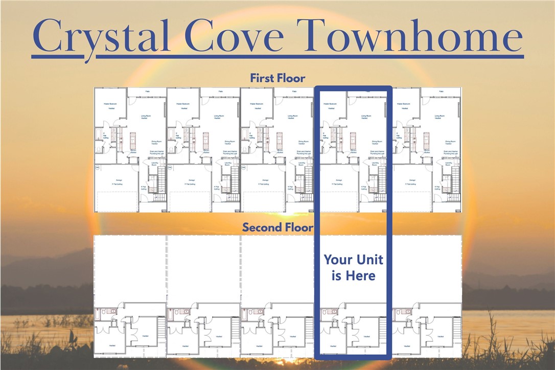 Welcome to Crystal Cove, where modern design meets everyday comfort in this beautifully crafted 3-bedroom, 2.5-bath townhome by Sunrise Homes. This ~1,582 sqft layout features a desirable primary suite on the main level, offering both convenience and privacy. The open-concept living space is highlighted by a soaring vaulted ceiling and large Clerestory Windows bringing in natural light for a bright, airy feel throughout. Also featuring a sleek electric fireplace, creating an inviting atmosphere. The kitchen flows seamlessly into the dining and living areas, perfect for entertaining. Upstairs includes two additional bedrooms, a full bath, and a loft-style hallway overlooking the main living area. Enjoy outdoor living with a covered back patio and private backyard. Low-maintenance living with thoughtful design throughout makes this home ideal for a variety of lifestyles.  Builder’s credit of $3,000 and Lenders Credit Up To $5,000 with Preferred Lender.