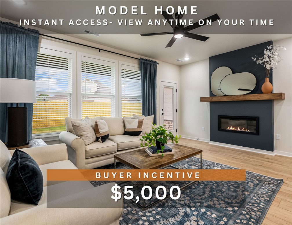 $5,000 BUYER INCENTIVE. MODEL HOME that perfectly showcases the style, quality, and luxurious features you can expect in your dream home. Fence, blinds & gutters included! Discover your ultimate home in the Osage Hills neighborhood. Delta plan with garage on the right & South facing! 9 ft ceilings, linear electric fireplace in the living room, LVP flooring throughout the main living areas & primary bedroom, quartz countertops & more. Chef's kitchen boasting frigidaire stainless steel appliances, gas range, pantry, quartz countertops, bar pull handles, large island & gorgeous backsplash. Luxurious primary bedroom features abundant natural light, while the spa-like primary bathroom offers a walk-in shower, tub, double sinks & spacious walk-in closets. Additional features include a study on the main level, two large secondary bedrooms upstairs & a separate laundry room. Nestled on a generous lot with covered patio that overlooks the serene sodded, fully fenced backyard. Sturdy concrete siding and brick!
