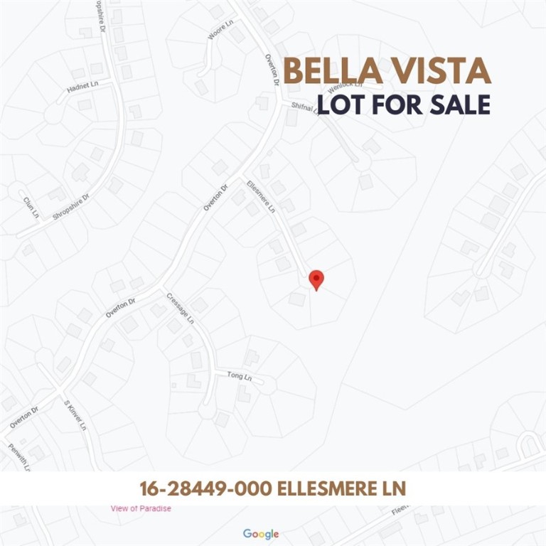 Investors, home builders, and land lovers.  East Bella Vista, 0.50 Acres, Bentonville School. Close to 71.  A built-out Shropshire Subdivision. Contact a local agent for more details. bellavistapoa.com for POA information. Put "36.48899, -94.24736" into your GPS software.