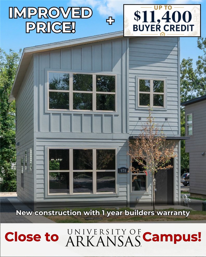 With an acceptable offer and lender approval, seller will provide up to $11,400 toward buyer-selected incentives, including closing costs and prepaids, a temporary or permanent interest-rate buydown, or seller-installed turnkey upgrades such as a refrigerator, washer and dryer, window coverings, bike storage, and front-yard landscaping.
Discover turnkey luxury in this newly built Fayetteville home, perfectly positioned for the ultimate walkable/bikeable lifestyle. Just moments from the U of A campus, the Razorback Greenway trail, dining, and shopping. This sophisticated 3-bed, 2.5-bath residence features premium upgrades including extra-thick granite counters, a full suite of Frigidaire Gallery appliances with a gas range with a convection/air fry oven, and a central tech hub with high-speed ethernet. Enjoy a private, low-maintenance yard and coveted off-street parking for 3 cars. With I-49 less than 5 minutes away, all of Northwest Arkansas is at your doorstep. This is effortless, elevated living.