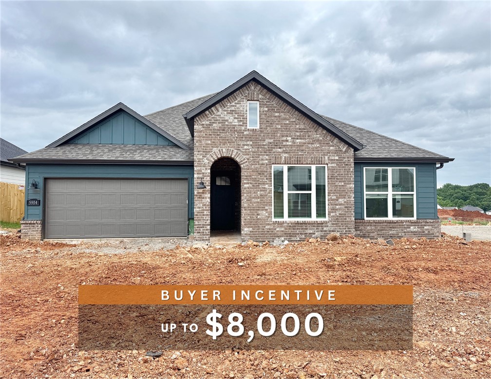 Fence, blinds and gutters included! Discover your dream home in the sought-after Osage Hills neighborhood. Arkansas plan with garage on the left and South facing! 10 ft ceilings in the living/kitchen area, linear electric fireplace, 1 level, LVP flooring throughout the main living areas and primary bedroom, quartz countertops and more. Chef's kitchen boasting frigidaire stainless steel appliances, gas range ,pantry, quartz countertops, bar pull handles, large island and gorgeous backsplash. Luxurious primary bedroom features abundant natural light, while the spa-like primary bathroom offers a walk-in shower, double sinks, and spacious walk-in closets. Additional features include two large secondary bedrooms and a separate laundry room. Nestled on a generous lot with covered patio that overlooks the serene sodded, fully fenced backyard. Sturdy concrete siding & brick! Model home located at 6008 SW Coywolf St- Lot 122.