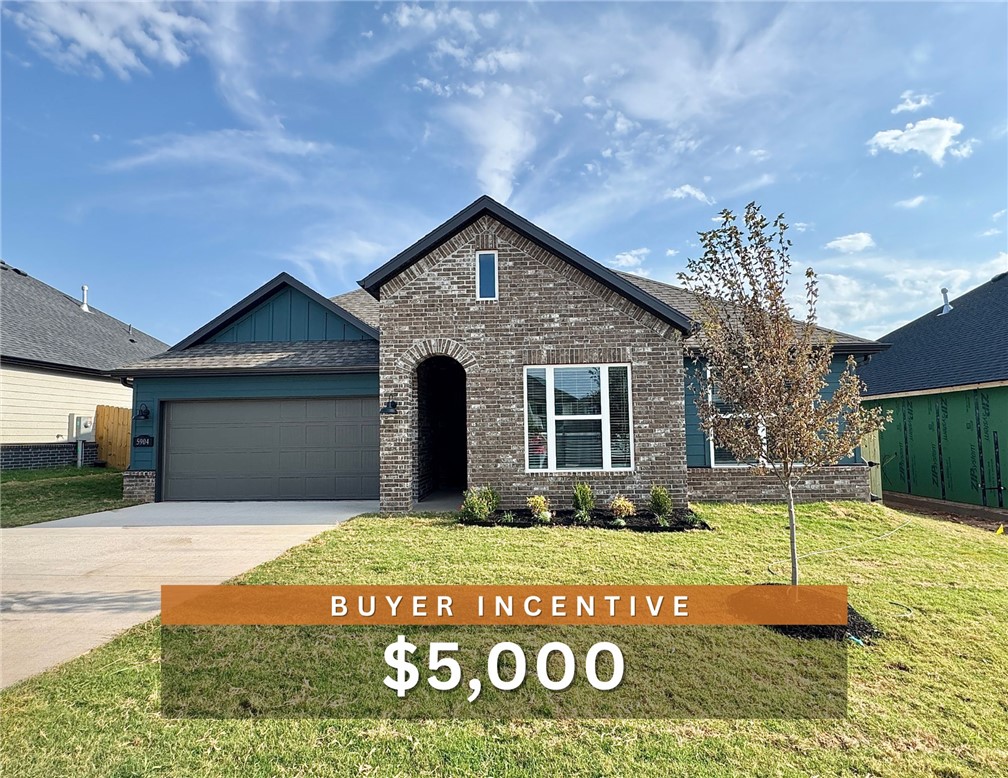 Fence, blinds and gutters included! Discover your dream home in the sought-after Osage Hills neighborhood. Arkansas plan with garage on the left and South facing! 10 ft ceilings in the living/kitchen area, linear electric fireplace, 1 level, LVP flooring throughout the main living areas and primary bedroom, quartz countertops and more. Chef's kitchen boasting frigidaire stainless steel appliances, gas range ,pantry, quartz countertops, bar pull handles, large island and gorgeous backsplash. Luxurious primary bedroom features abundant natural light, while the spa-like primary bathroom offers a walk-in shower, double sinks, and spacious walk-in closets. Additional features include two large secondary bedrooms and a separate laundry room. Nestled on a generous lot with covered patio that overlooks the serene sodded, fully fenced backyard. Sturdy concrete siding & brick! Model home located at 6008 SW Coywolf St- Lot 122.