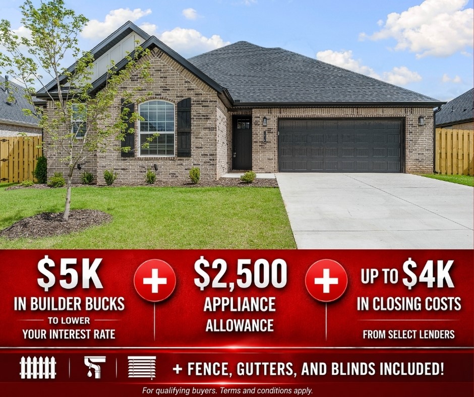 Welcome to Yorktown Subdivision in Pea Ridge, offering a stylish variety of single-family homes designed to fit every lifestyle. The Robin floor plan features 1,771 sq ft of well-designed space with 4 bedrooms, 2 bathrooms, a 2-car garage, and all on one level.Inside, you’ll find durable LVP flooring throughout the living area, kitchen, and hallways—bringing both warmth and easy maintenance. Thoughtful details like cabinets above the toilets provide extra storage, while framed mirrors in the bathrooms add a refined, elegant touch.For a limited time, lower your interest rate with 5k in Builder bucks + $2,500 Appliance allowance + up to 4k in closing costs from preferred lenders! Plus, fence, blinds, and gutters are all included.