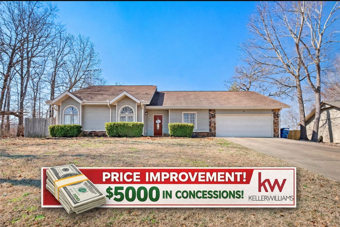 SELLER OFFERING $5000 in concessions > A must-see 3-bedroom, 2-bath home featuring a desirable split floor plan and comfortable living spaces with a huge back yard. Located in a wonderful neighborhood in Bella Vista within the Gravette School District. This home sits on a large lot that is nearly half of an acre, perfect for entertaining and gardening. Enjoy great community amenities including a pool, playground, and tennis courts.  Only one minute from Highlands Golf Course and Clubhouse. Enjoy quiet evenings on the back porch with a peaceful natural setting, perfect for relaxing. Spacious bedrooms and a must see master bath, perfect for relaxation. This home offers an enclosed entryway bonus room, not included in the square footage. Conveying with this lovely home is a washer and dryer bought in 2025 and the refrigerator. The dishwasher was purchased in 2024, and a brand new microwave was purchased in 2026. Upgraded appliances are a huge win! This home offers both comfort and location—schedule your showing today!