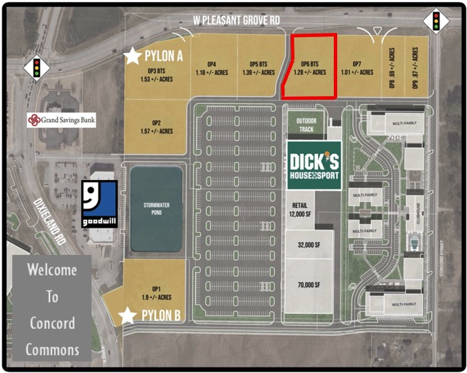 Concord Commons Development Out Parcel Tracts to be delivered at grade compacted and tested with utility infrastructure (water, sewer, gas, electric, regional stormwater) available for benefit of the tract. Civil Large Scale Plans available upon request. Tracts can be subdivided.
