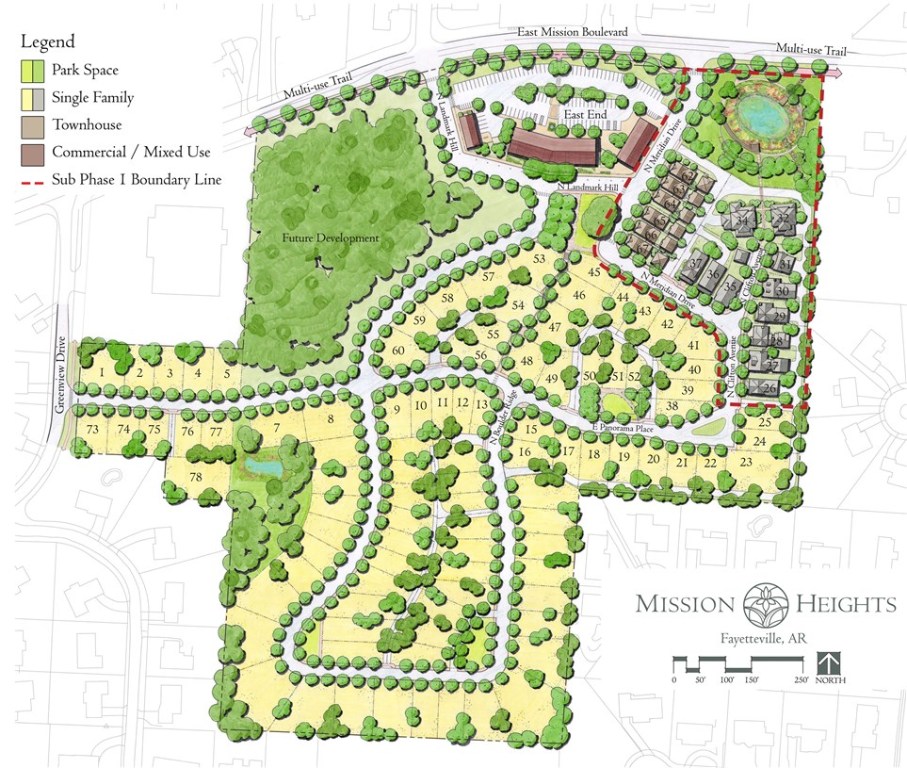 East Fayetteville living, Mount Sequoyah beauty and wildlife, Root Elementary, all while being able to walk to The Micro District for restaurants and shopping. You will be able to pick your lot and then work with one of our custom builders to design your dream home with a million dollar view.