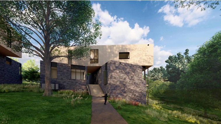 Welcome to Nelagoney Glen, an exclusive collection of six architecturally significant modern homes thoughtfully positioned across nine private acres in the heart of downtown Bentonville. Designed by Modus Studio, this one-of-a-kind community seamlessly blends exceptional design with the natural landscape. Introducing the Trillium House, privately nestled among the trees at the end of Trails End Lane. Defined by striking floor-to-ceiling glass, the home's architecture invites the outdoors in, filling every space with natural light and immersive woodland views. A sophisticated palette of natural stone and warm wood cladding allows the residence to harmonize with its surroundings, creating the feeling that the home is an extension of the landscape itself.