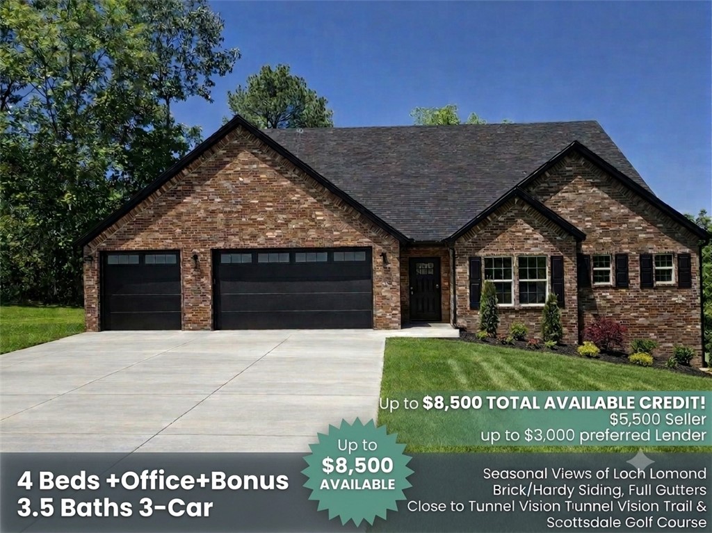 Stunning 2,890 sq ft brick estate on a private .47-acre cul-de-sac lot with seasonal views of Loch Lomond! This masterfully designed Bella Vista home features 4 bedrooms (3 on the main level), a bonus room, a dedicated pocket office, & 3.5 baths. The vast, open-concept living area boasts vaulted ceilings, a cozy fireplace, premium Pella windows, & high-end designer details. A chef’s kitchen shines with quartz counters, Frigidaire Gallery appliances, & a seamless connection from the 3-car garage through the mudroom & walk-in pantry. Relax in the luxurious primary suite, complete with direct deck access, an expansive bath, & a freestanding tub. Entertain on the massive 52'x12' rear deck, featuring a covered oasis. Perfectly located near Granton Boat Launch, Scottsdale/Highlands Golf, Tunnel Vision & Lago Vista trails, and Huntley Gravity Park! Buyer Incentives: Up to $8,500 in credits with an acceptable offer! Includes a $5,500 Seller Credit + 1% Preferred Lender Credit (up to $3,000).