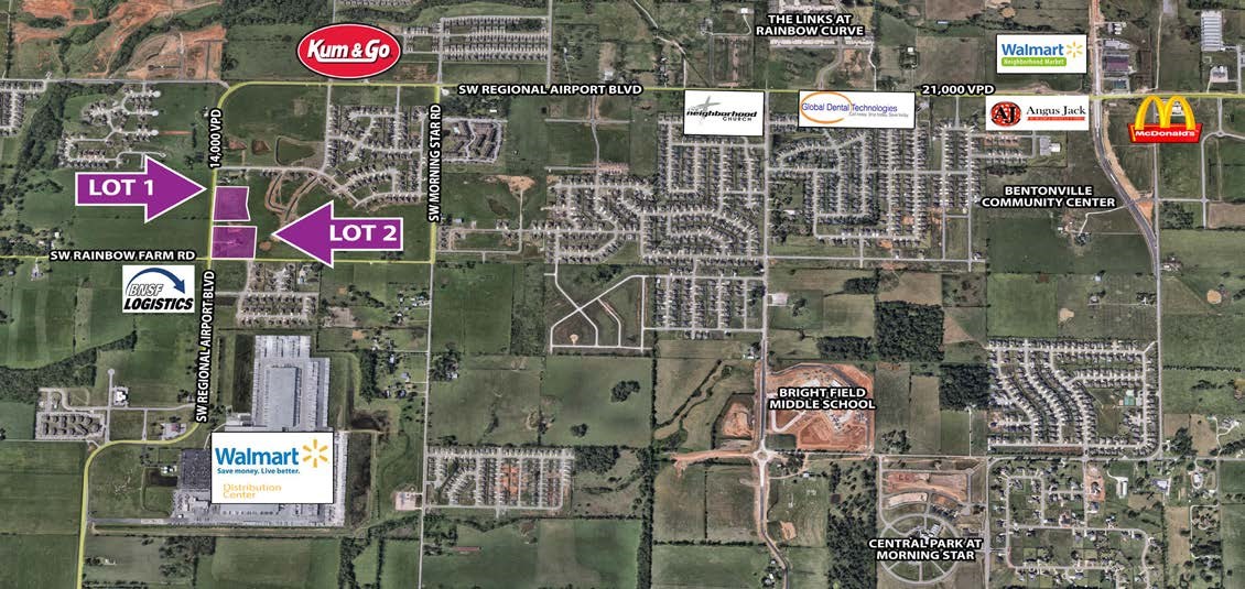 Lot 1. Commercial lot, flat & ready for development on SW Regional Airport Blvd in Bentonville, just north of Walmart Distribution Center. 2.74 Acres with great frontage. Ideal for commercial development. Easy access to Walton Blvd, I-49 and XNA Regional Airport. Owner will subdivide. Surrounded by new development in every direction. Call agent for more information.