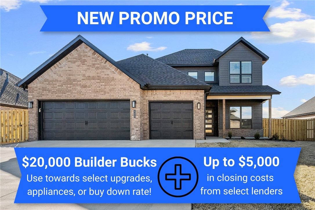 BUILDER SPECIAL PRICE FOR JUNE ONLY! Enjoy the serenity of peaceful surroundings on the edge of town, while staying just minutes from all that Northwest Arkansas has to offer. Explore the Willow Plan. This beautifully designed 2,285 sq ft home features 4 spacious bedrooms and 2.5 baths. The main level includes a private study, an open-concept kitchen, dining, and living area. The primary suite offers a luxurious ensuite bath. Stand alone laundry room, plus a convenient half bath nearby for guests. Upstairs, you'll find three additional bedrooms and a shared full bath — perfect for family or visitors. A three-car garage offers generous storage space, and the covered back patio creates the perfect setting for year-round enjoyment. For a limited time, Builder Incentives: $20,000 Builder Bucks to use towards select upgrades, appliances, or buy down your rate – you choose! Plus up to 5K from select lenders. For a total of up to 25K with lender incentives! Fence, blinds, and gutters are all included.