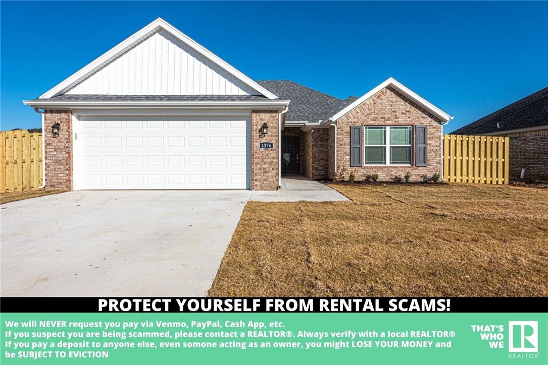 AVAILABLE NOW - NEW CONSTRUCTION! Check out this beautiful, new construction 3bd/2ba home. Located near parks, schools, shopping, eateries, and a short drive to University of Arkansas! All brick with an open concept floor plan, this home features luxury vinyl plank floors in the living room, eat-in dining room, granite counters, white cabinetry, island, tile in the wet areas, and stainless steel appliances in the kitchen. Large master bedroom with private ensuite feat: double sink vanity & separate tub & shower! Check out the covered patio out back and enjoy the outdoors in the fenced in-backyard *Tenant responsible for all utilities and lawn maintenance