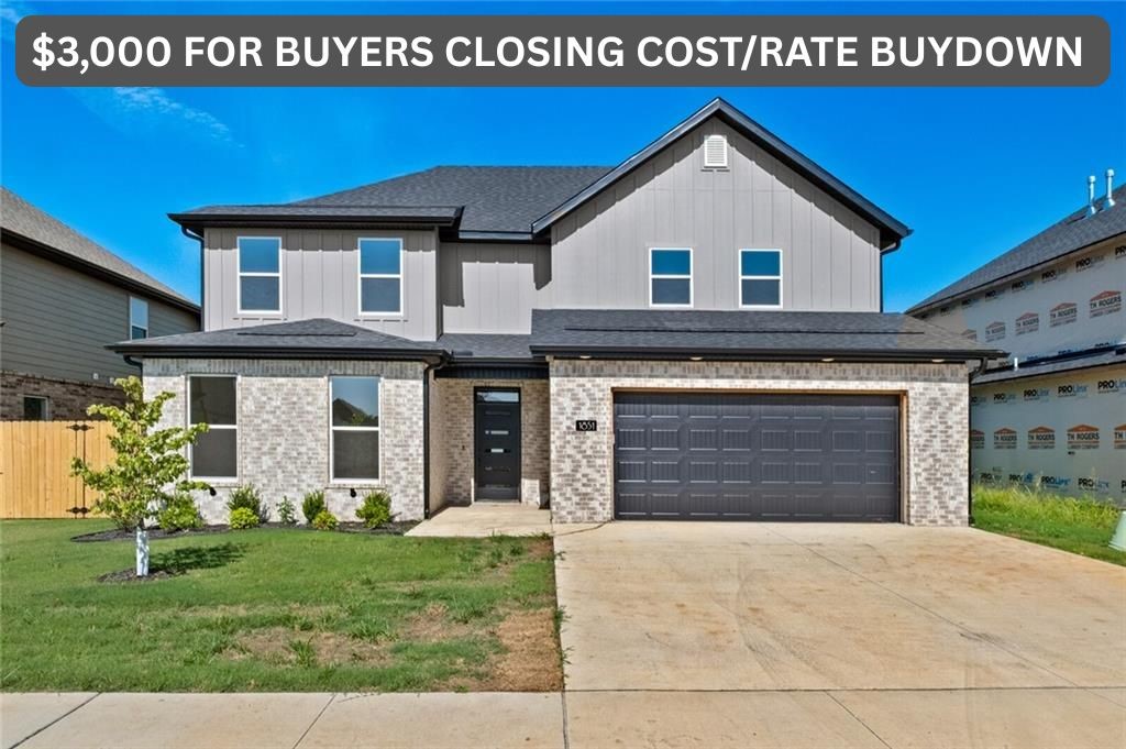 $3,000 SELLER CREDIT TOWARDS BUYERS CLOSING COSTS/PREPAIDS! Find your dream home in one of NWA’s most exciting new communities—Paradise Park! Nestled between Bentonville Schools, Gamble Elementary, Bentonville West High, Kinyon Sports Complex, the future Centerton Community Center, and just minutes from the interstate, this home has so much to offer. This beautiful East-facing home features modern design and everyday luxuries. Step inside to an elegant foyer, unique finishes, and luxury vinyl flooring throughout the main level. A sleek fireplace wall with beautiful millwork adds a bold focal point. The gourmet kitchen features custom cabinetry, quartz counters, a spacious pantry, and energy star appliances. Spa-like baths boast floor-to-ceiling tiled showers, designer lighting, and a soft neutral palette. The smart layout includes a main-level primary and guest suite, with two bedrooms, a full bath, and a theater/game room upstairs. Covered patio with gas hookup and fenced yard complete the package. Welcome home!